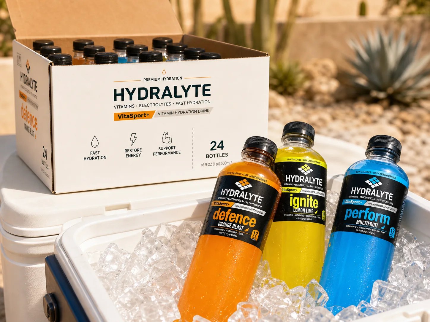 A 24-bottle VitaSport+ shrink case opened on a site cooler lid with loose bottles in ice